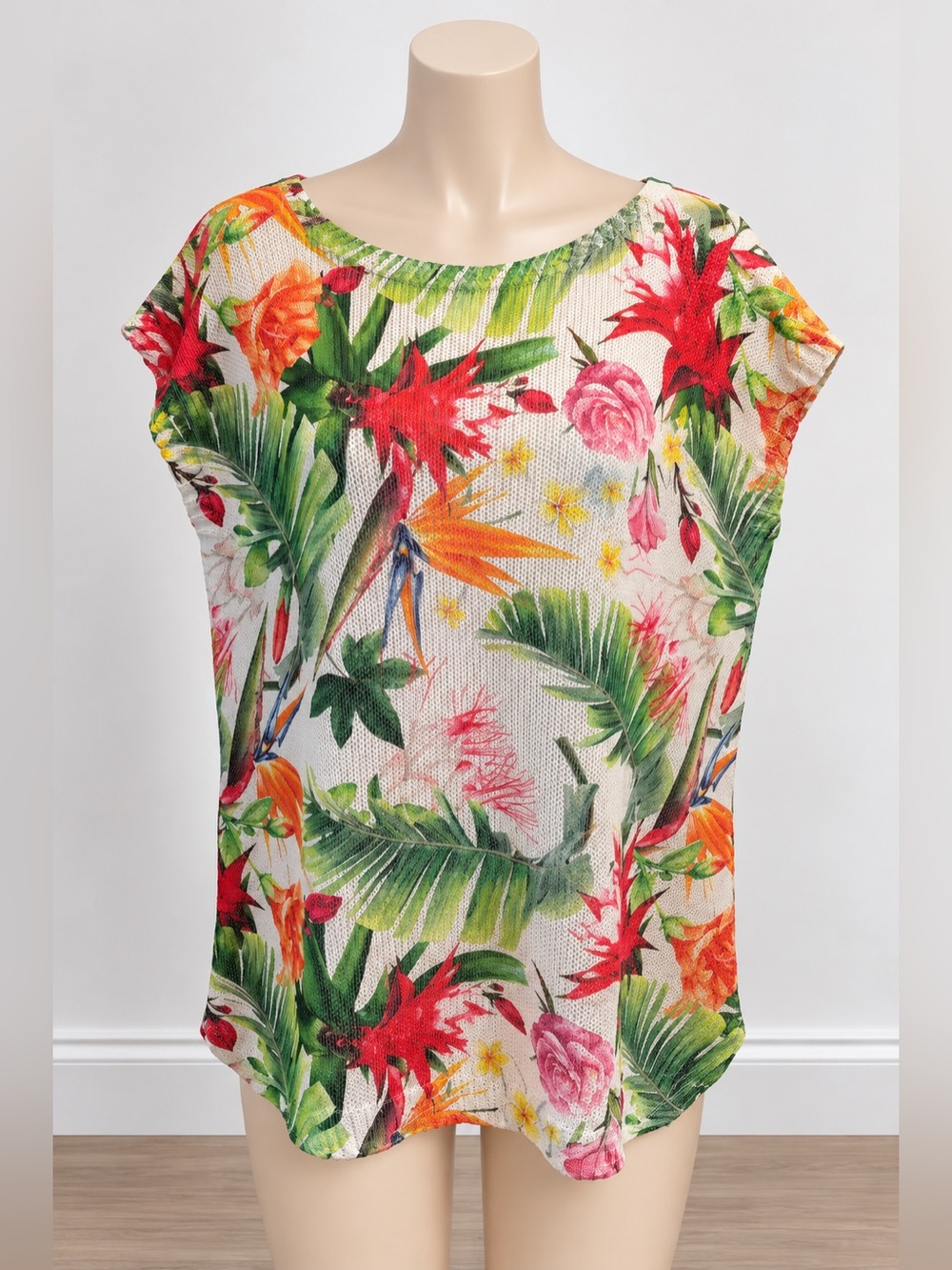 LUISA RICCI Tropical Floral Open Knit Lightweight Tunic Top size large